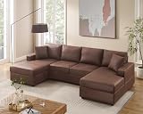 VANOMi 116'' U Shaped Sectional Sofa Couch, Faux Leather Modern Cozy Jumbo Size 6-Seater Sofa, Double Chaise Longue, Dark Brown