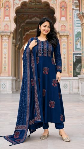 Image of Women's Cotton Kurta Sets for Women with Palazzo Pants with Dupatta for Woman | Pure Cotton 3 Piece Kurti Set | Women Suit Set for Daily