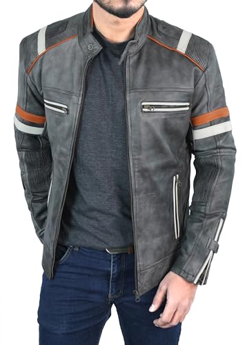 Mens Genuine Leather Jacket Cafe Racer Vintage Retro Style Biker Distressed Leather Motorcycle Jacket