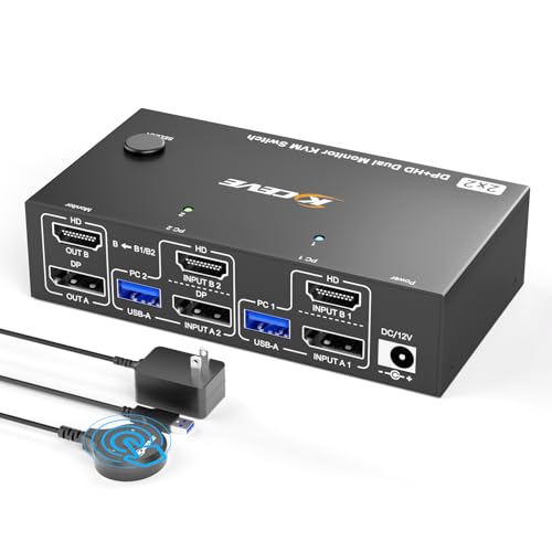 Image of 8K@60Hz HDMI Displayport KVM Switch 2 Monitors 2 Computers,USB 3.0 KVM Switch Dual Monitor for 2 Computer Share 2 Monitor and 4 USB Ports,with Wired Remote,12V Power Adapter and USB Cables