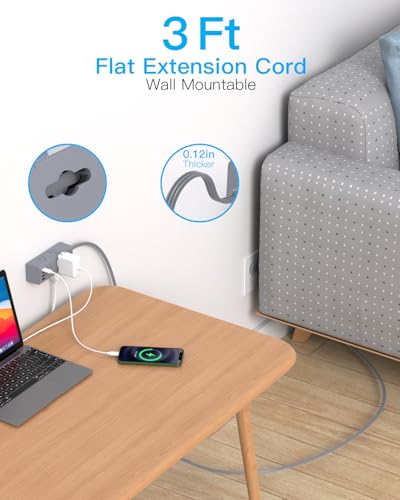 Image of 3Ft Extension Cord with Multiple Outlets, Flat Plug Power Strip Surge Protector with 3 Ft Cord, 6 Outlet 4 USB Ports (2 USB C), Multi Outlet Wall Plug for Travel, College, Dorm Room Essentials(Grey)