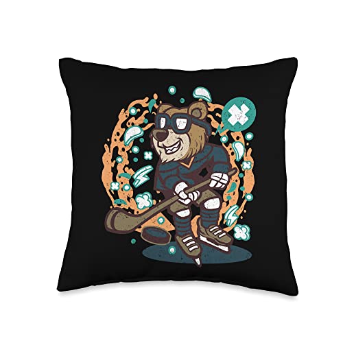 RTG Hockey Bears Fun Tees and Designs Playing Bear Ice Inline Street Hockey Colorful Animal Throw Pillow, 16x16, Multicolor
