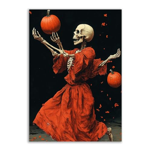 Squelette jouant avec une citrouille peinture murale Halloween rouge sans cadre 70x100cm TERUEA