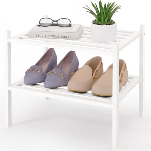 Smiry Bamboo Shoe Rack, 5 Horizontal Slats, 2 Tier - 17.3 Wide, White