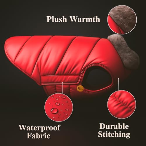 Image of Sage Square Dog Jacket Winter Coat with Fur Collar, Light Weight, Ultra Warm Windproof, Waterproof Dog /Puppy Jacket for Cold Weather, Thicker Fleece (Red, Large - 26inch)