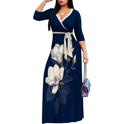 Image of Women Plus Size Long Sleeve V Neck Maxi Dress with Belt | Soft fabric relaxed fit three quarter sleeve v neck with pockets for party and daily wear