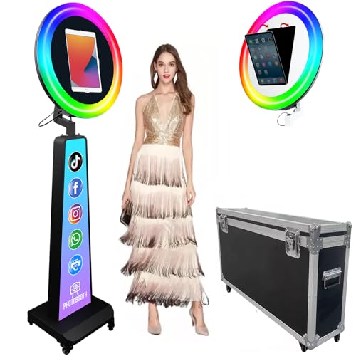 ZLPOWER Photo Booth Shell Stand Stand for IPad 10.2' 10.9' 11' 12.9' 13' Printer Stand Selfie Customized Logo Photobooth with Round RGB LED Light Ring and Flight Case for Events Christmas Wedding