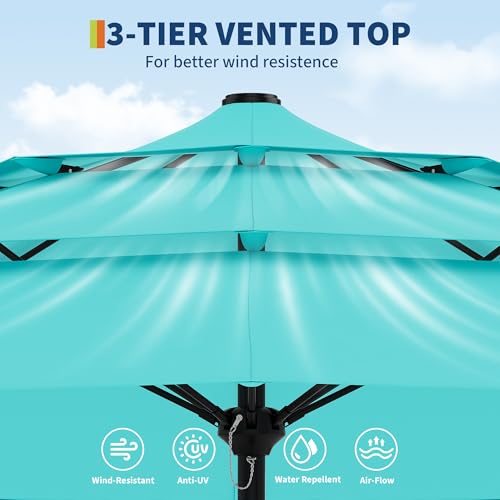 9Ft 3 Tiers Market Umbrella Outdoor, 3 Tiers Heavy Duty Patio Umbrella 8 Ribs, Outdoor Market Table Umbrellas with Ventilation and Hand Crank