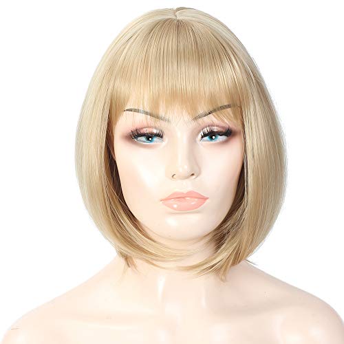 12 Inch Medium Blonde Bob Wigs with Bangs Natural Hair Heat Resistant Short Straight Wig Shoulder Length Synthetic Hair Cosplay Party Wig for Women