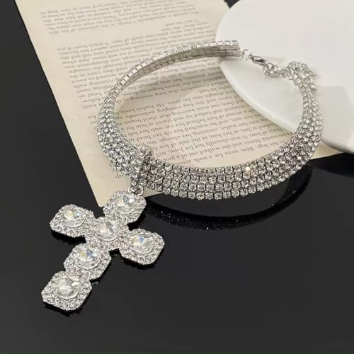 Cross Rhinestones Choker Necklaces for Women Sparkly 4 Row Diamond Tennis Necklace Statement Fashion Crystal Crucifix Pendant Chain Luxury Bridal Wedding Party Prom Jewelry2