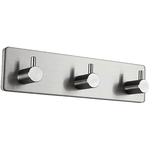 The Bog Standard Triple Self Adhesive Hooks (Silver 3 Hooks) Silver Wall Mounted Towel Hook Sticky Tea Cup Holder Key Robe Door Shower Bathroom Heavy Duty Brushed Stainless Steel 3M Cover