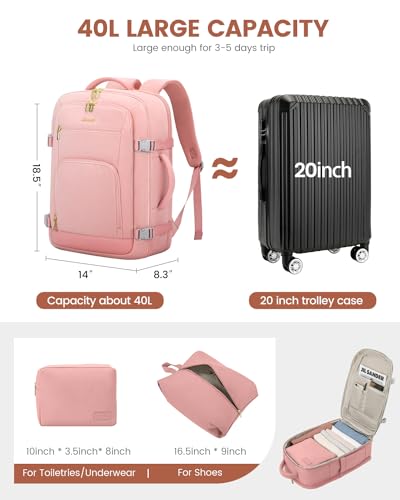 Image of LOVEVOOK Travel Backpack For Women, 40L Carry On Backpack Flight Approved, TSA Personal Item Backpack Fits 17 Inch Laptop, Business Weekender Overnight Waterproof Daypack With 2 Packing Cubes, Pink