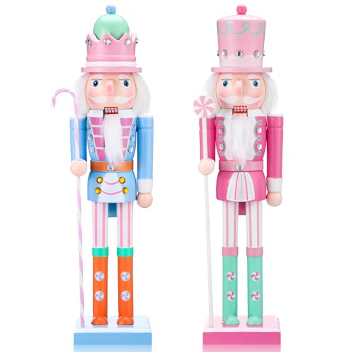 Soaoo 2 Pcs Pastel Nutcracker Christmas Nutcracker Ornament 15''Wooden Pastel Candy Soldier Figures Traditional Nutcrackers Christmas Decor for Desktop Table Collectible Decoration
