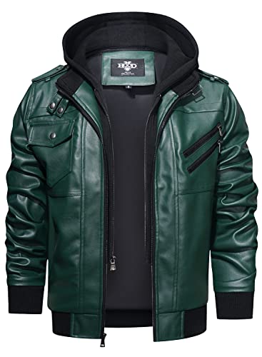 Image of HOOD CREW Men's Casual Stand Collar PU Faux Leather Zip-Up Motorcycle Bomber Jacket With a Removable Hood