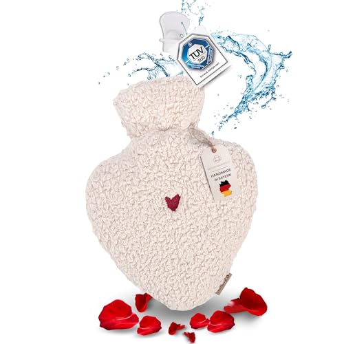kontor28® - TEDDY Herz Wärmflasche mit Bezug aus extra weicher 100% Bio-Baumwolle | Handgenäht, MADE IN GERMANY | Wärmflasche Herz - 1,0 Liter
