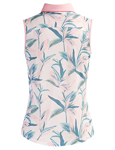 Womens Golf Shirt Sleeveless Tennis Sport Polo Shirts Moisture Wicking Athletic Shirts Equestrian Top(Pink Leaf,M) #TOP1