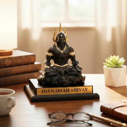 Image of Divine Hindu Adiyogi Shiva Trishul Damru with Base | Gold-Tone Resin Showpiece for Home Temple & Office Desk | Maha Shivratri, Sawan & Diwali Gift | Lord Shiva Idol for Meditation Space