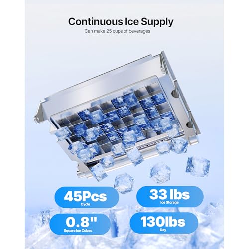 Commercial Ice Maker Machine, 130Lbs/24H with 33Lbs Storage, 45 Cubes per Cycle, Stainless Steel Freestanding & Under Counter Ice Machine with LED Display & Self-Cleaning, Ideal for Home