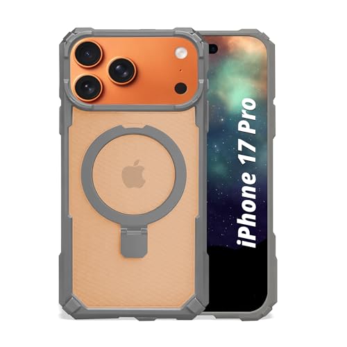 AIBEX Transparent Back Cover Compatible for iPhone 17 Pro| Mag-Saf Magnetic Ring Kickstand | Shockproof Dual Layer Military Grade Drop Protection Armor Case| Wireless Charging Support - Grey