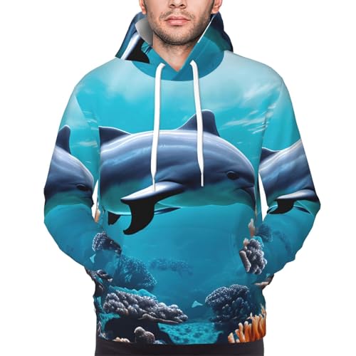 Sweat à capuche imprimé dauphins en polyester doux avec grande poche kangourou - 3