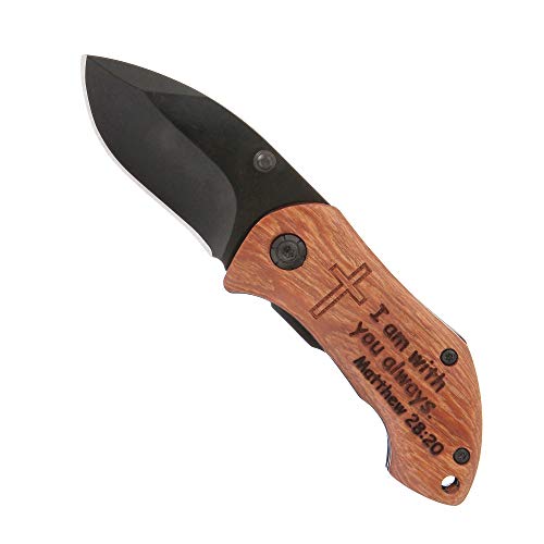 FAYERXL Engraved Catholic Knife with Cross Prayer Bible Verse Hiking Knife,Be Strong & Courageous Christian Religious Scripture Prayer Gift