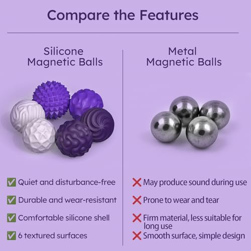 Silicone Magnetic Balls, Fidget Toys for Adults &amp; Teens, 6PCS Stress Balls Sensory Toy, Quiet Magnet Desk Fidgets with Textured, ADHD Anxiety Relief Items, Fun Stocking Suffers Gifts (Purple)