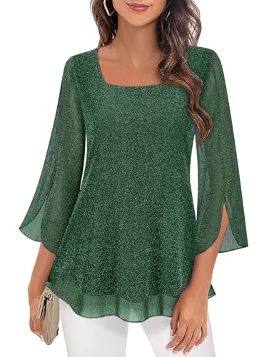 Syphiby Womens Blouses Ruffle 3/4 Sleeve Tunic Tops Loose Flowy Square Neck Chiffon Top Double Layers Mesh Shirts M-3XL