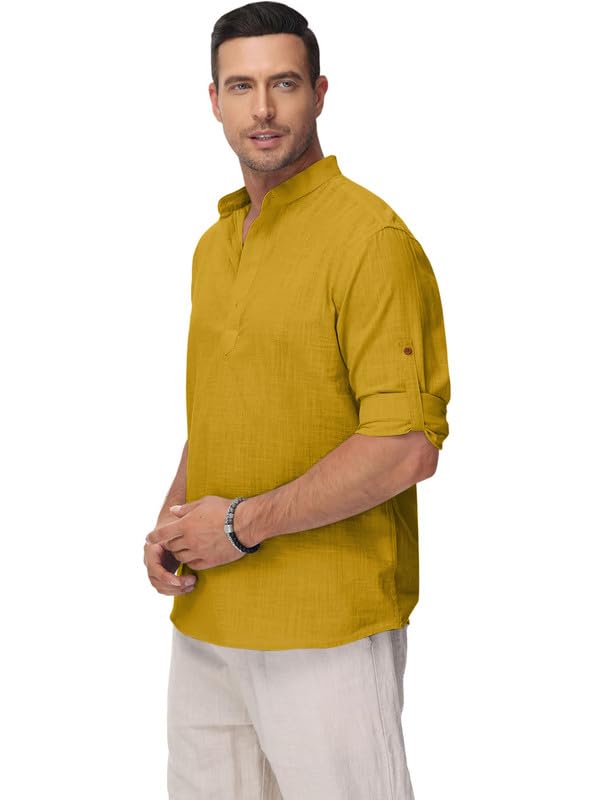 Image of Macsivo Men's Cotton Blend Solid Short Kurta with Regular Lenth Mandarin Collar Short Button Placket Rolled up and Full Sleeves Kurta for Men