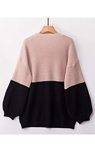 Angashion Women Sweaters-Oversized Chunky Knit Color Block Drop Shoulder Batwing Sleeve Pullover Sweater Tops Pink Black S #TOP5