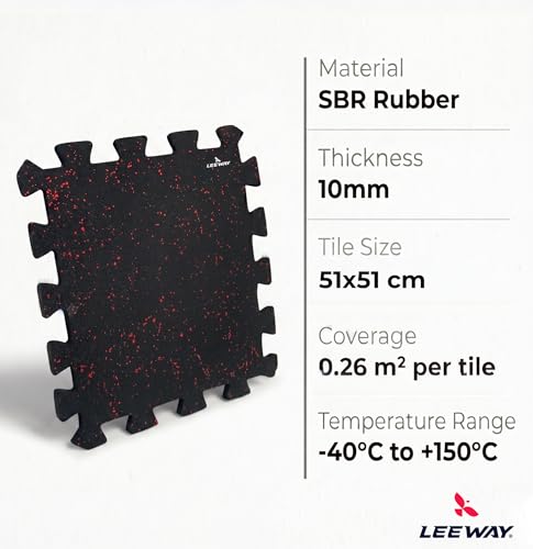 Image of Leeway Interlocking Gym Mats for Floor | EPDM (Set of 2, 10mm, 20 inchx20 inch) Black with Red Flecks | Gym Floor Mat Rubber for Workout | Equipment Matt for Home | Rubber Tiles, Kids Rooms Puzzle Mate