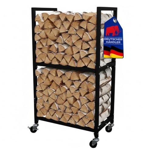 PROREGAL Range-bûches PHOENIX à roulettes et 2 niveaux | Pour usage intérieur et extérieur | HxLxP 82x44x28 cm | Métal | Noir | Support à bûches