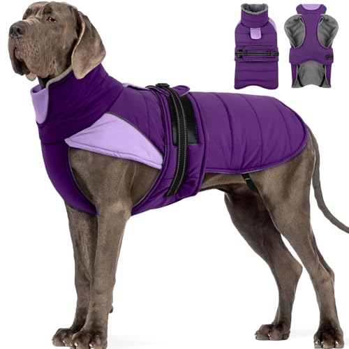 Image of MIGOHI Thermal Large Dog Fleece Jacket - Rainproof Coat for Large Dogs, Thick Dog Winter Coat,Snow Jacket for Dogs Windproof for Hunting Camping,Windy Chilly Days,Doberman,Great Dane,3XL,Purple