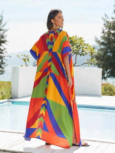 Image of IMAGEKOPE Women's Plus Size Loose Fit Moroccan Print V-Neck Batwing Kaftan Beach Dress Bathing Suit Cover Up