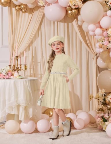 Image of Arshiner Girls Dresses Long Sleeve A Line Knit Sweater Dress with Pockets