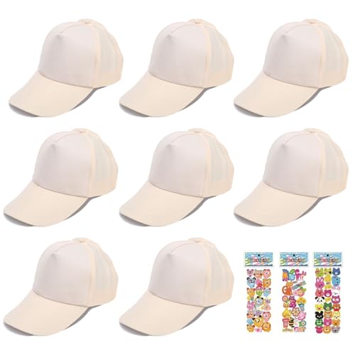 Mengger DIY Kappe für Kinder - 8 Stück Graffiti Baseballcap zum Bemalen Mit Aufklebern - Sport Baseballmütze (Khaki)