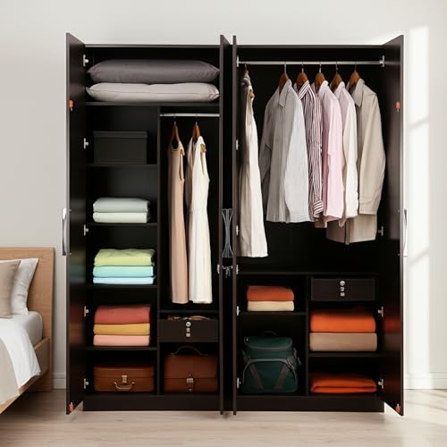 Image of AAVATAR 4 Door Wooden Wardrobe with Drawers & Hanging Rod | Wenge Engineered Wood Cupboard for Bedroom | Almirah with Lockable Doors, Spacious Shelves Storage | H78 x W64 x D19 Inch
