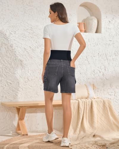 Image of PACBREEZE Women's Maternity Jean Shorts Over Belly Stretch Denim Shorts Trendy Summer Pregnancy Clothes