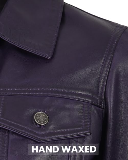Image of Decrum Trucker Leather Jacket Women - Button Closure Vintage Style Real Lambskin Womens Leather Jacket