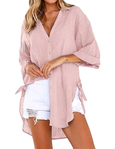 Image of Bozanly V Neck 3 /4 Sleeve Button Shirts Summer Beach Blouse Tops for Women