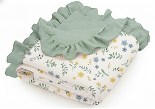 Image of Muslin Ruffled Baby Blanket, Extra Large 52 x 52 Inches, Soft Breathable Cotton Crib Blanket for Newborn Infant Toddler (Spring Garden-Ruffled, Printed)