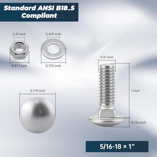 Image of 5 /16-18 x 1 Inch Carriage Bolt Kit, 304 Stainless Steel (18-8) with Hex Nuts & Flat Washers - 10 Sets, Round Head Square Neck, Full Thread Coverage by Glvaner