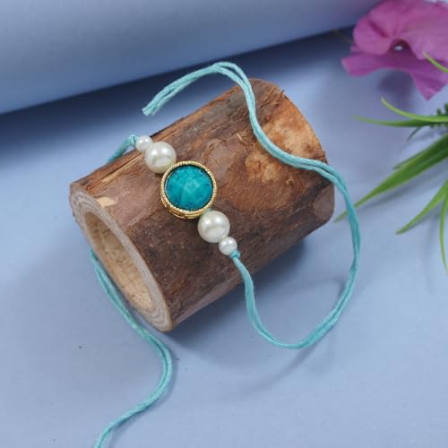 Image of I Jewels Designer Kundan Pearl beaded Bhaiya Bhabhi Lumba Rakhi Bracelet Combo Set With Roli Chawal & Rakshabandhan Greeting Card