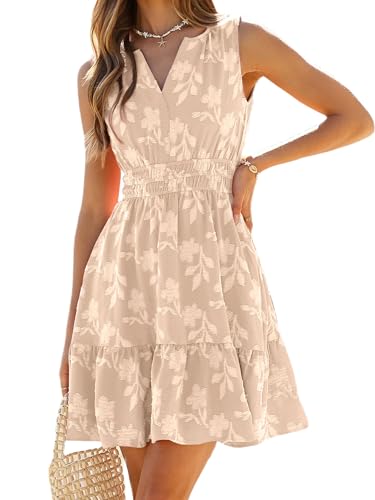 BerryGo Womens Summer Boho Dress Casual Sleeveless V Neck Empire Waist Floral Flowy A Line Mini Beach Vacation Party Sundresses Apricot M