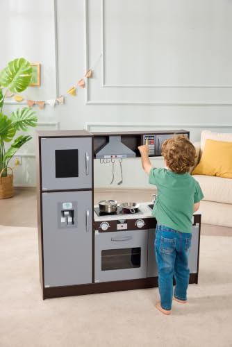 Image of Amazon Basics Kids Upright Wooden Kitchen Toy Playset with Stove, Oven, Sink, Fridge and Accessories, for Toddlers, Preschoolers, Children Age 3+ Years, Espresso /Gray, 39x11.8x39''