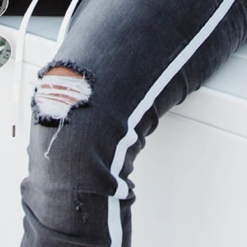 Mens Slim Fit Jeans with Drawstring Ripped Stretch Distressed Destroyed Pants Side Striped Broken Hole Trousers4