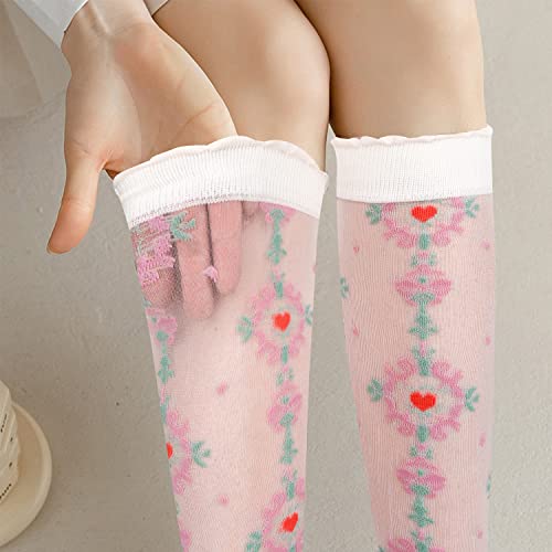Benefeet Sox Womens Girls Cute Lace Knee High Socks Purple Sheer Mesh Knee High Stockings Transparent See Through Ultra Thin Silk Fancy Flower Patterned Printed Long Stocking Socks, Purple Floral #TOP4