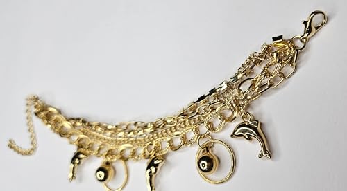 Image of Layered Gold-Tone Chain Anklet with Dolphin Charms and Ring Pendants