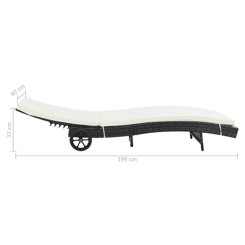 Lettino prendisole con ruote e cuscino in polyrattan nero, chaise longue regolabile per giardino, terrazza, balcone