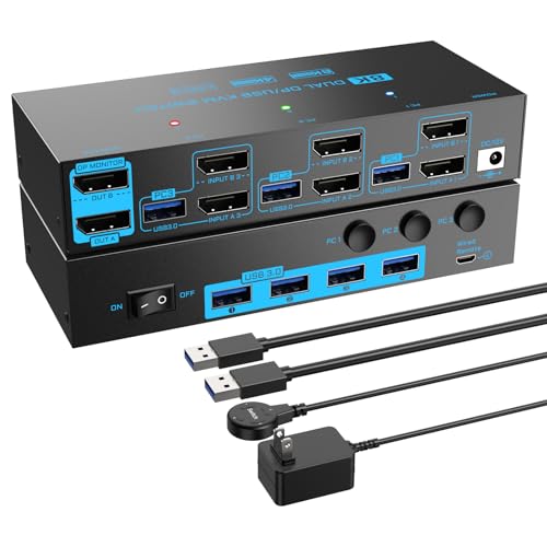 Image of 8K /4K Displayport 1.4 KVM Switch 2 Monitors 3 Computers Dual Monitor 8K@30Hz /4K@144Hz 3 Port Dual DP1.4 USB 3.0 KVM Switches 3 PCs Share 2 Monitors & 4 USB 3.0 Devices with Desktop Controller