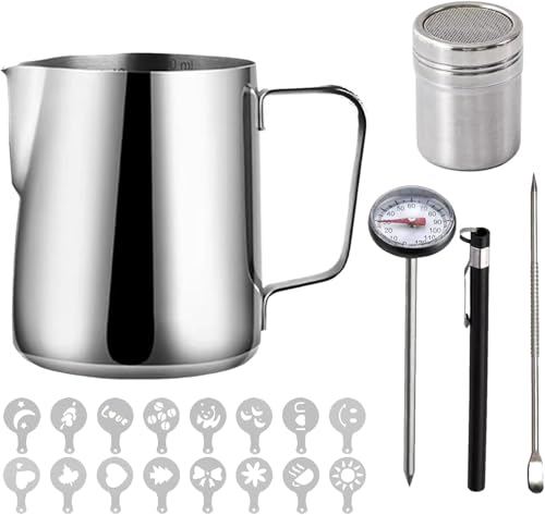 Milk Jug 600ml/21oz Milk Frother Frothing Jug Stainless Steel with Thermometer Powder Shaker Coffee Art Pen 16pcs Coffee Stencils for Making Latte Cappuccino